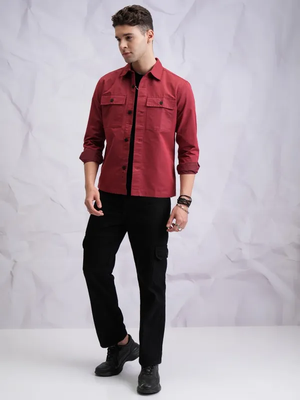  Highlander Men Terracotta Solid Regular Fit Casual Shirts