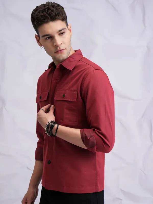  Highlander Men Terracotta Solid Regular Fit Casual Shirts