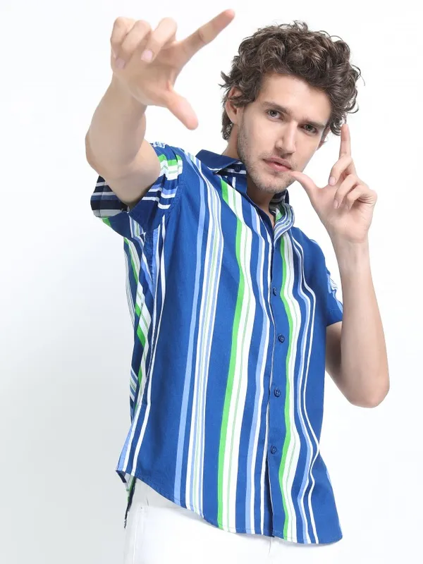  Highlander Men Blue Striped Slim Fit Casual Shirts
