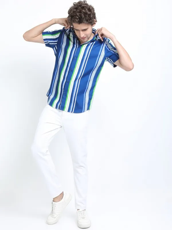  Highlander Men Blue Striped Slim Fit Casual Shirts