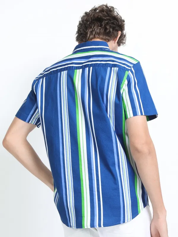  Highlander Men Blue Striped Slim Fit Casual Shirts