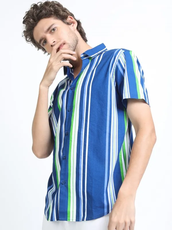  Highlander Men Blue Striped Slim Fit Casual Shirts