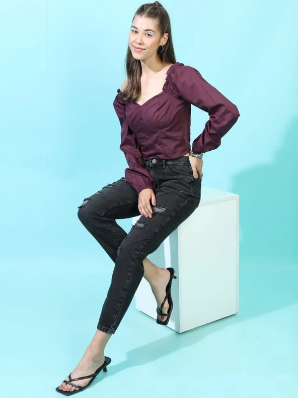  Tokyo Talkies Women Maroon Solid Regular Tops