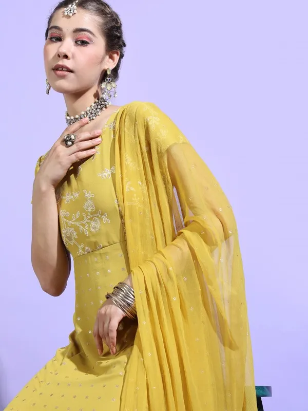  Vishudh Women Yellow Printed A-Line Ethnic Dresses