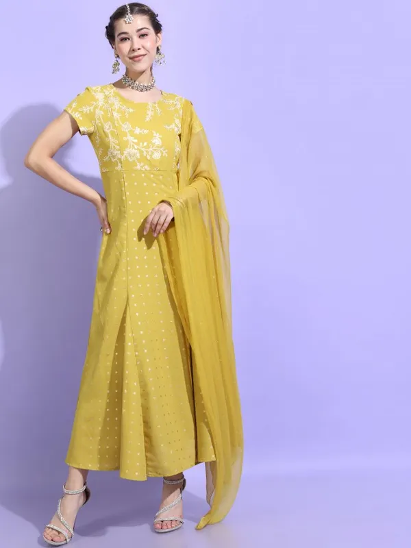  Vishudh Women Yellow Printed A-Line Ethnic Dresses