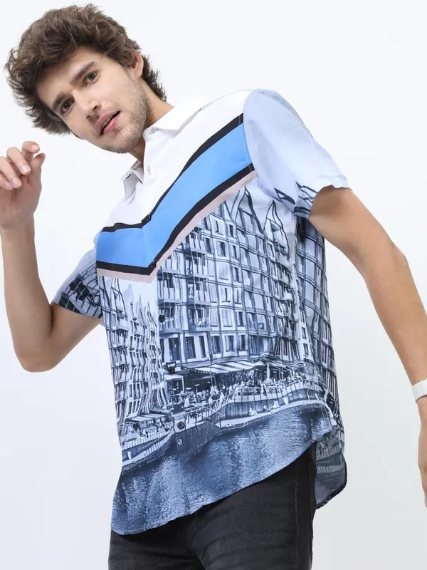  Highlander Men White Printed Slim Fit Casual Shirts