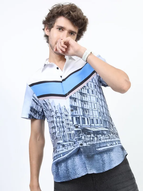  Highlander Men White Printed Slim Fit Casual Shirts