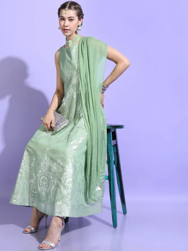  Vishudh Women Green Printed A-Line Ethnic Dresses