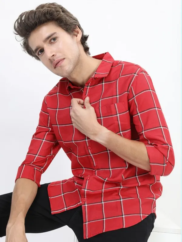  Ketch Men Red Checked Slim Fit Casual Shirts