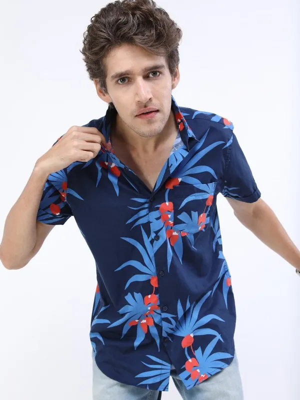  Highlander Men Navy Blue Printed Slim Fit Casual Shirts