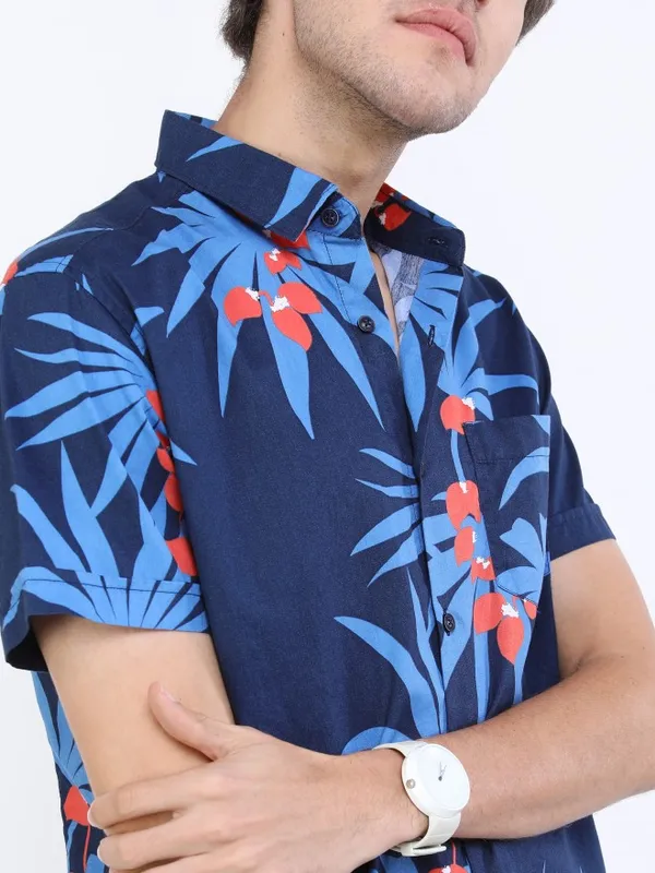  Highlander Men Navy Blue Printed Slim Fit Casual Shirts