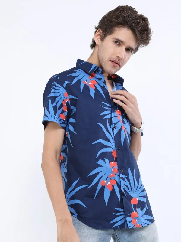  Highlander Men Navy Blue Printed Slim Fit Casual Shirts