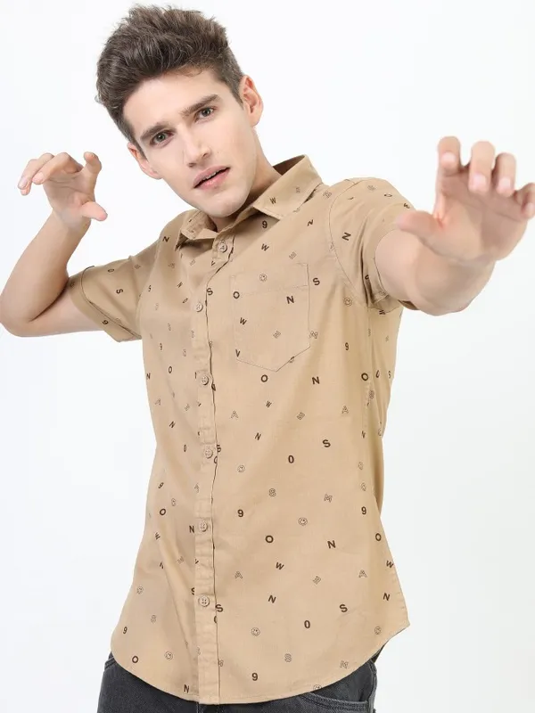  Ketch Men Beige Printed Slim Fit Casual Shirts