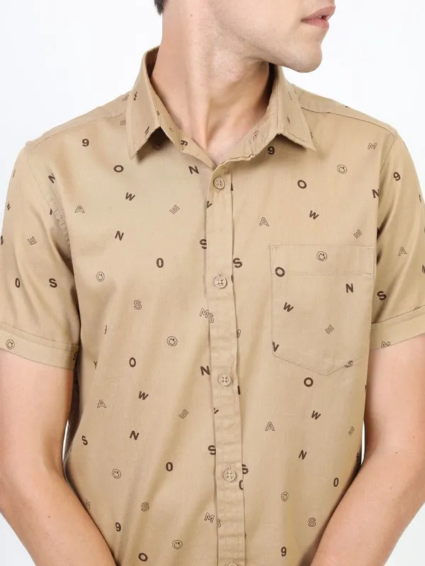  Ketch Men Beige Printed Slim Fit Casual Shirts