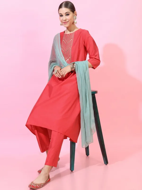  Vishudh Women Red Embroidered Kurta Sets