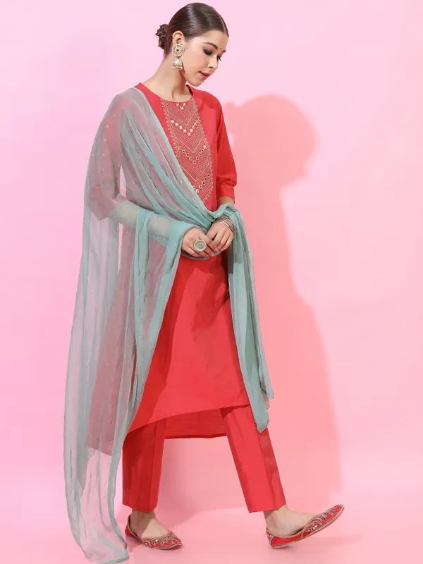  Vishudh Women Red Embroidered Kurta Sets