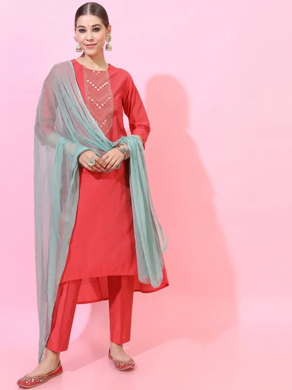  Vishudh Women Red Embroidered Kurta Sets