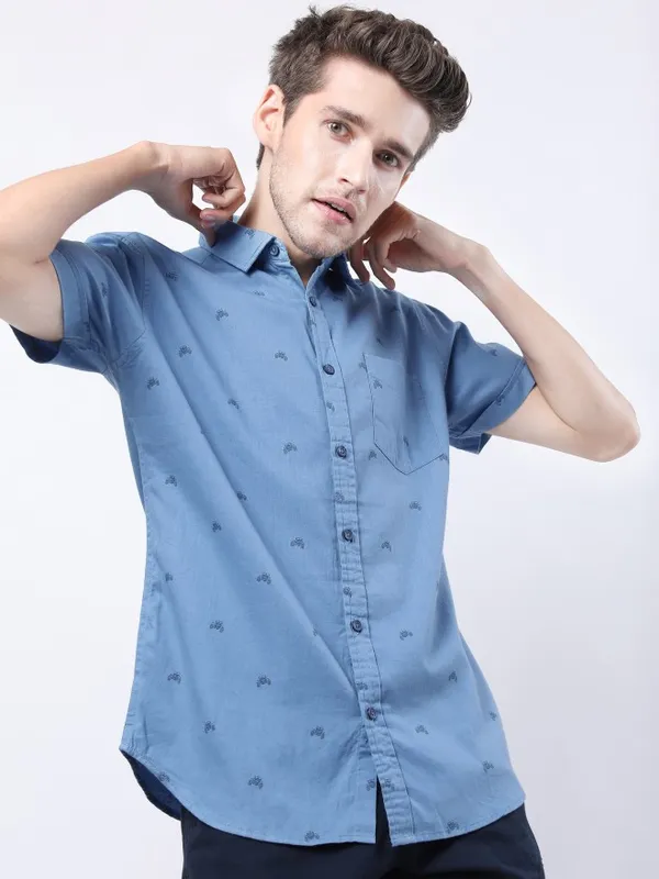  Ketch Men Blue Printed Slim Fit Casual Shirts
