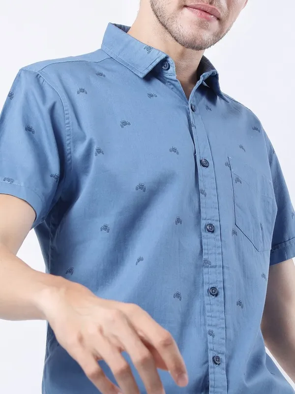  Ketch Men Blue Printed Slim Fit Casual Shirts