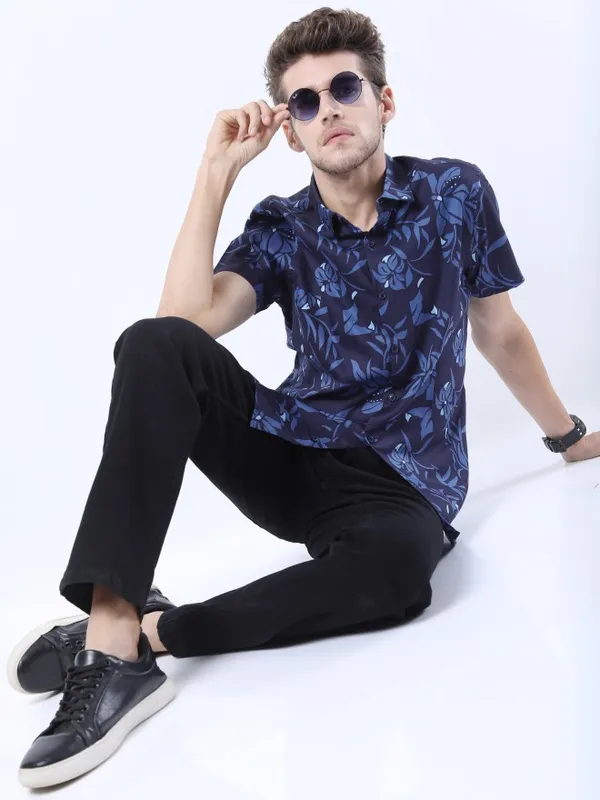  Ketch Men Navy Blue Printed Slim Fit Casual Shirts