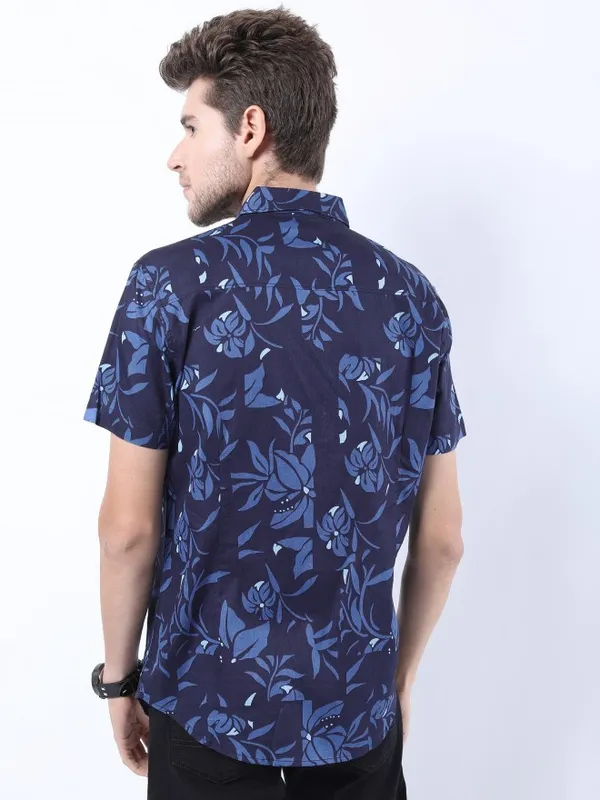  Ketch Men Navy Blue Printed Slim Fit Casual Shirts