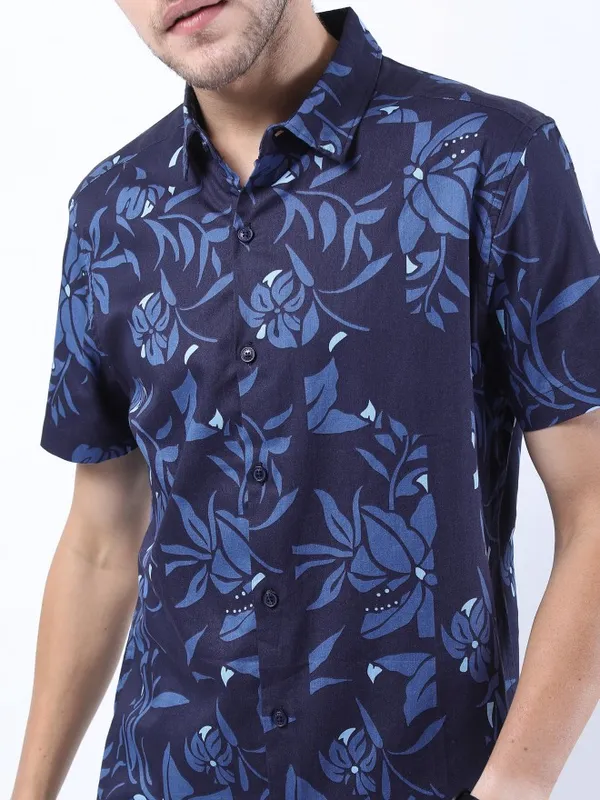  Ketch Men Navy Blue Printed Slim Fit Casual Shirts