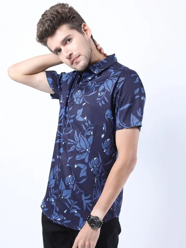  Ketch Men Navy Blue Printed Slim Fit Casual Shirts