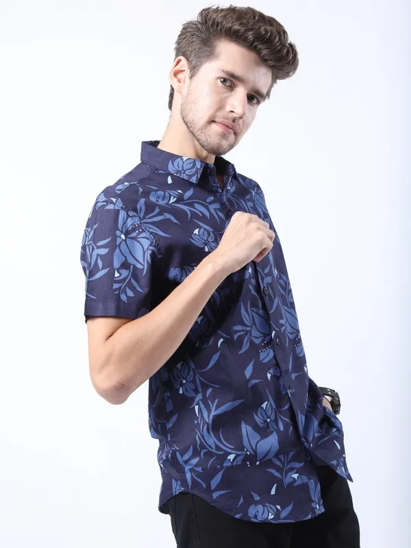  Ketch Men Navy Blue Printed Slim Fit Casual Shirts