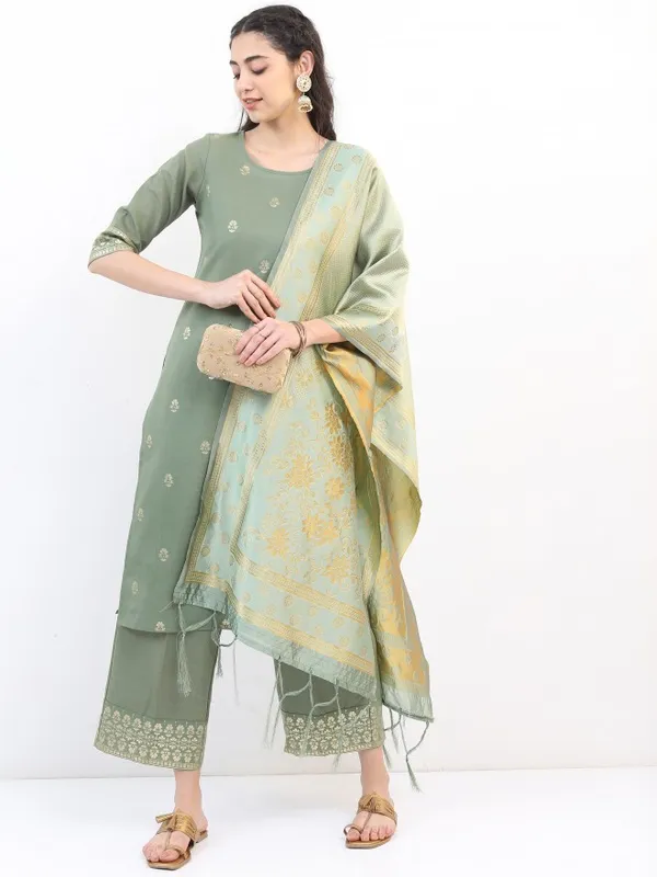 Women Straight Kurta With Palazzo & Dupatta