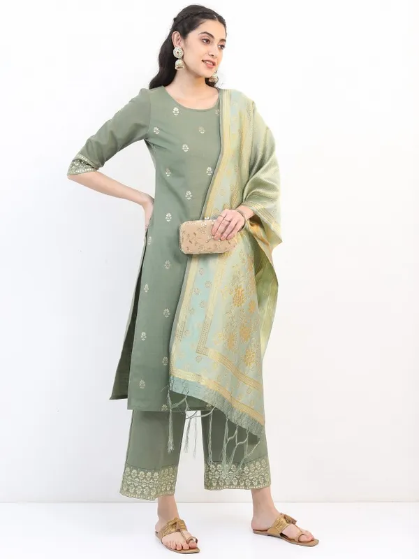 Women Straight Kurta With Palazzo & Dupatta
