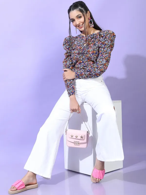  Tokyo Talkies Women Blue Printed Regular Tops