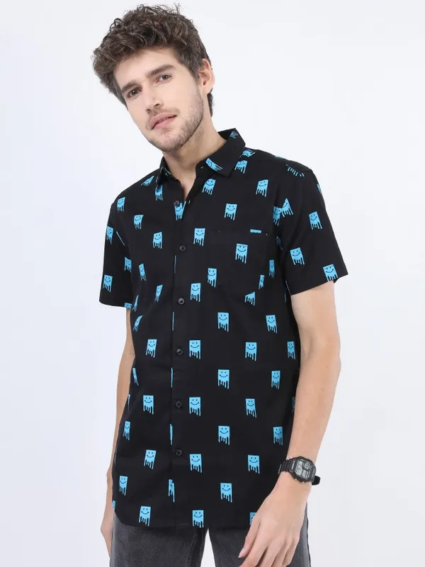  Ketch Men Black Printed Slim Fit Casual Shirts
