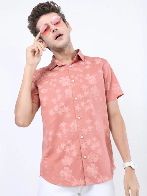  Highlander Men Terracotta Printed Slim Fit Casual Shirts