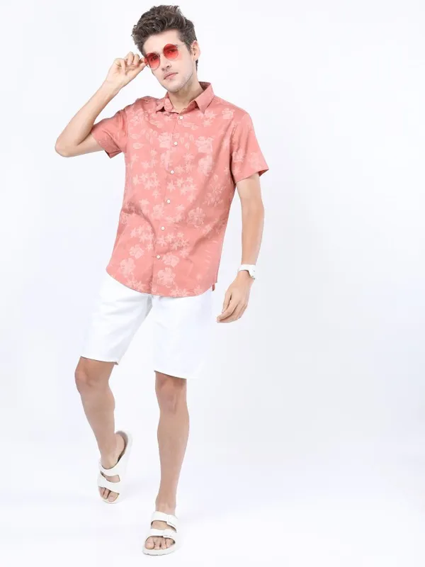  Highlander Men Terracotta Printed Slim Fit Casual Shirts