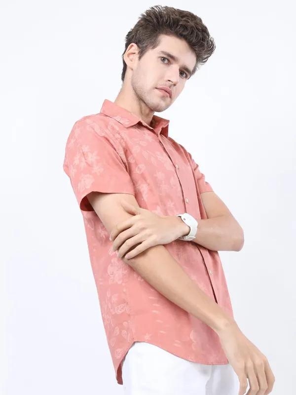  Highlander Men Terracotta Printed Slim Fit Casual Shirts