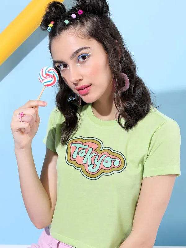  Tokyo Talkies Women Green Printed Round Neck T-Shirts