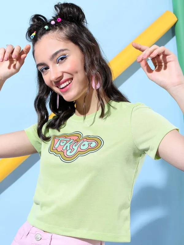 Tokyo Talkies Women Green Printed Round Neck T-Shirts