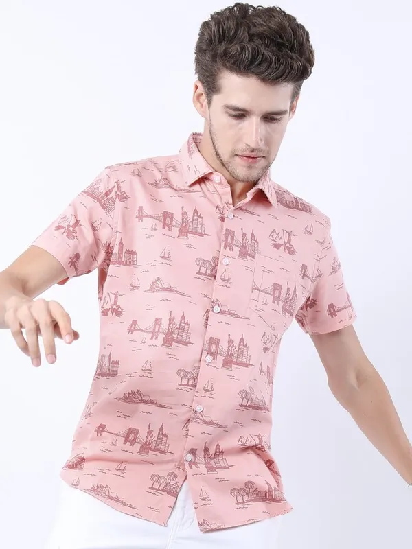 Highlander Men Pink Printed Slim Fit Casual Shirt