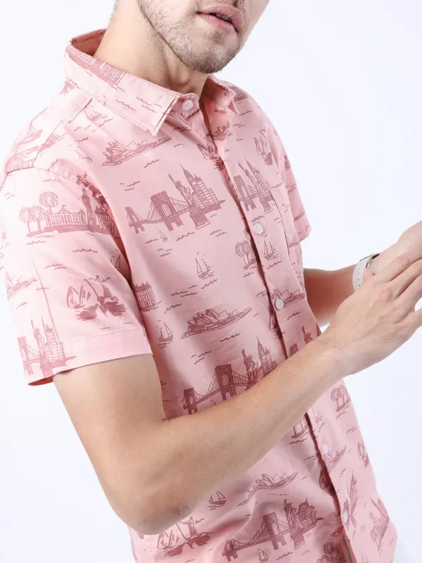 Highlander Men Pink Printed Slim Fit Casual Shirt