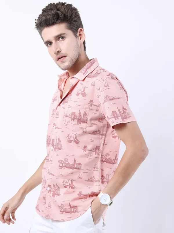 Highlander Men Pink Printed Slim Fit Casual Shirt
