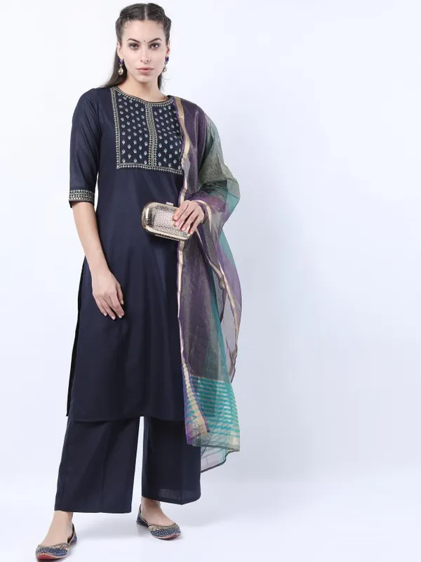 Ketch Women Navy Blue Embroidered Kurta Sets