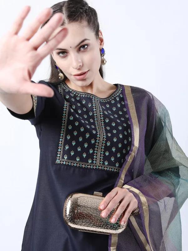  Ketch Women Navy Blue Embroidered Kurta Sets