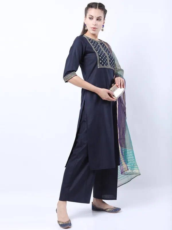 Ketch Women Navy Blue Embroidered Kurta Sets