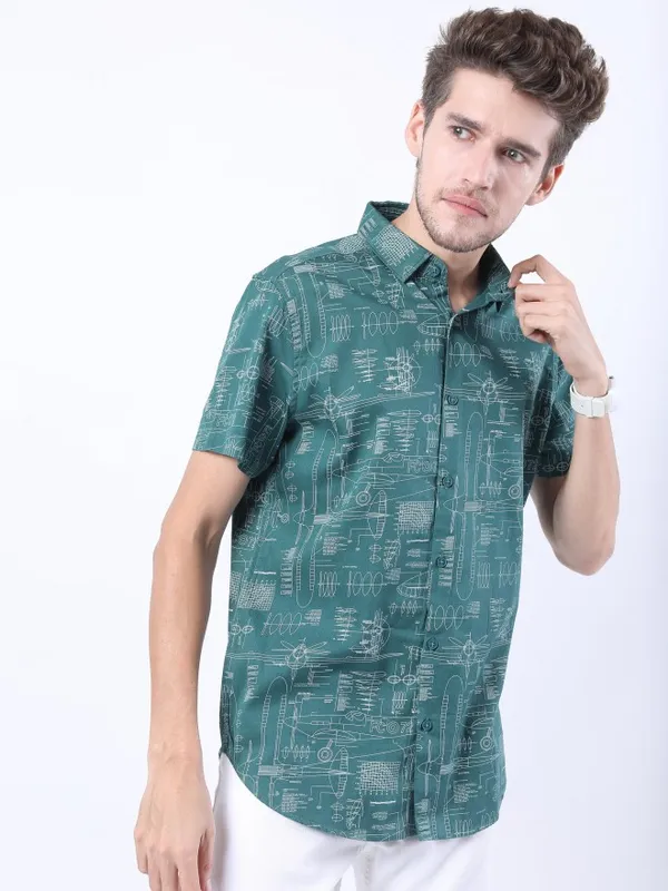  Ketch Men Olive Printed Slim Fit Casual Shirts