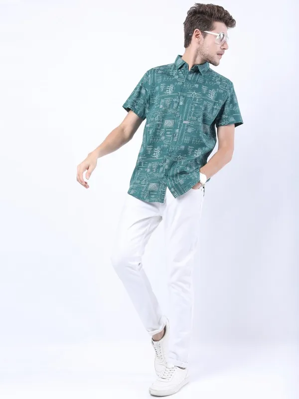  Ketch Men Olive Printed Slim Fit Casual Shirts