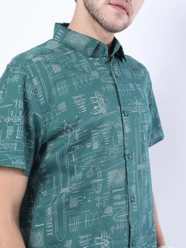  Ketch Men Olive Printed Slim Fit Casual Shirts