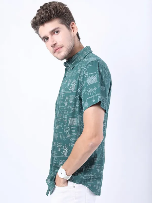  Ketch Men Olive Printed Slim Fit Casual Shirts