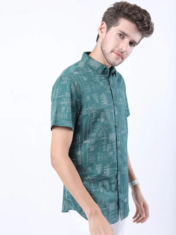  Ketch Men Olive Printed Slim Fit Casual Shirts