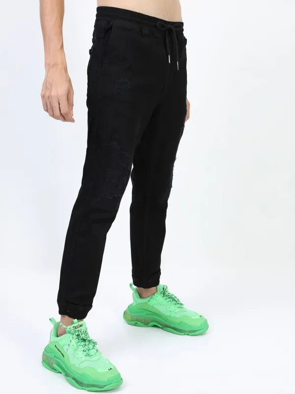  Highlander Men Black Jogger Highly Distressed Jeans