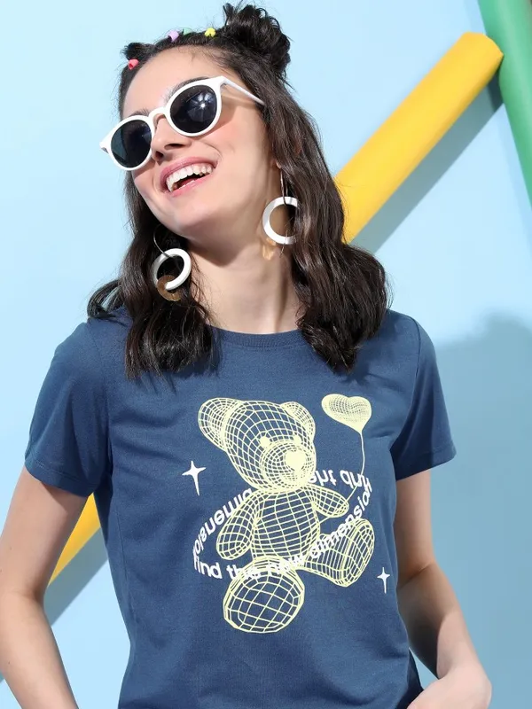  Tokyo Talkies Women Blue Printed Round Neck T-Shirts